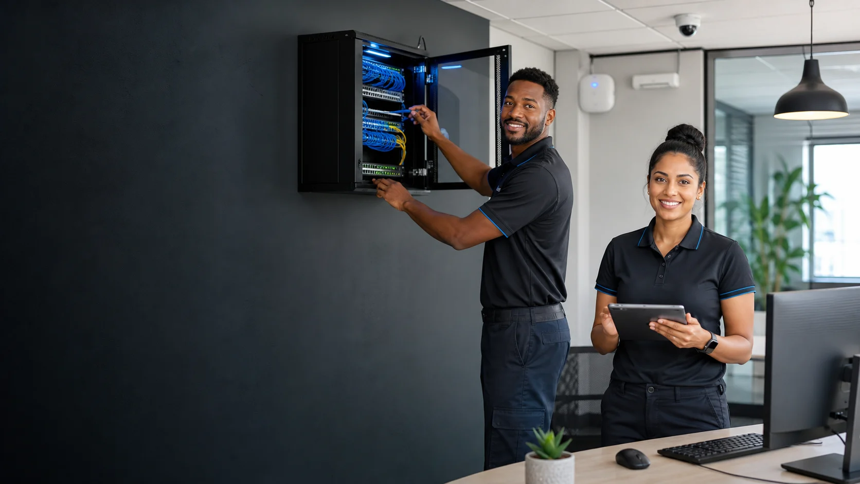 MatzoTech technicians installing a business network cabinet and checking the setup on a tablet