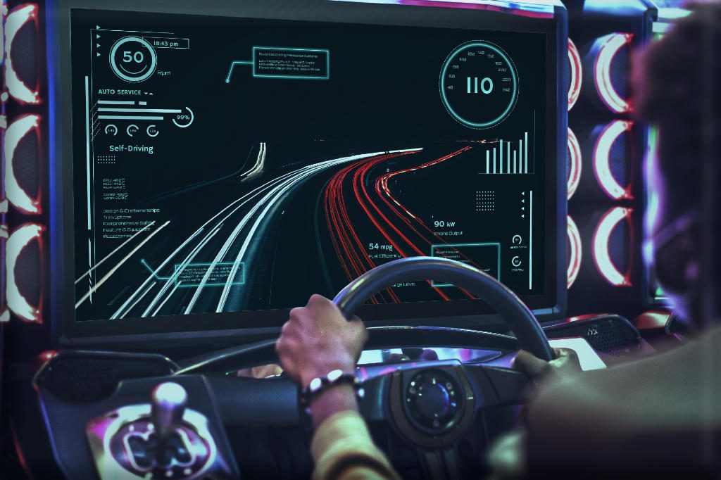 Level up your gaming: Best PXN racing wheels & flight joysticks 1 Futuristic driving simulation interface displayed.