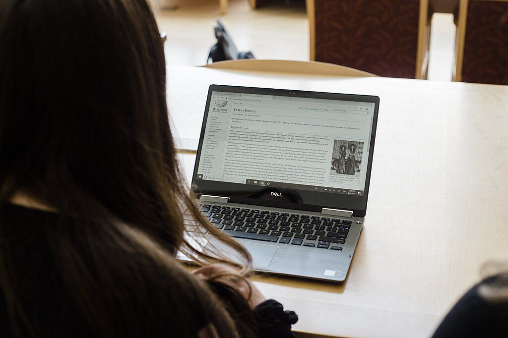 Student studying on laptop in library