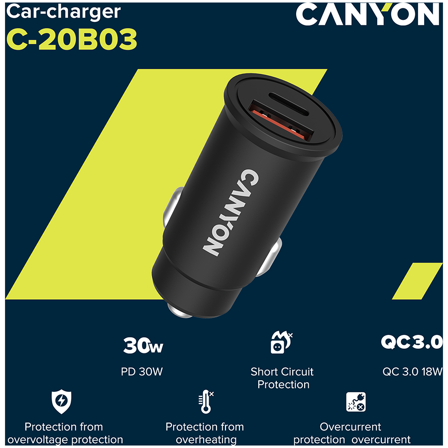 CANYON ?-20B03, PD 30W/QC3.0 18W Pocket size car charger with 1-USB A+ 1-US 5 220725085231798587.jpg. CANYON ?-20B03, PD 30W/QC3.0 18W Pocket size car charger with 1-USB A+ 1-US