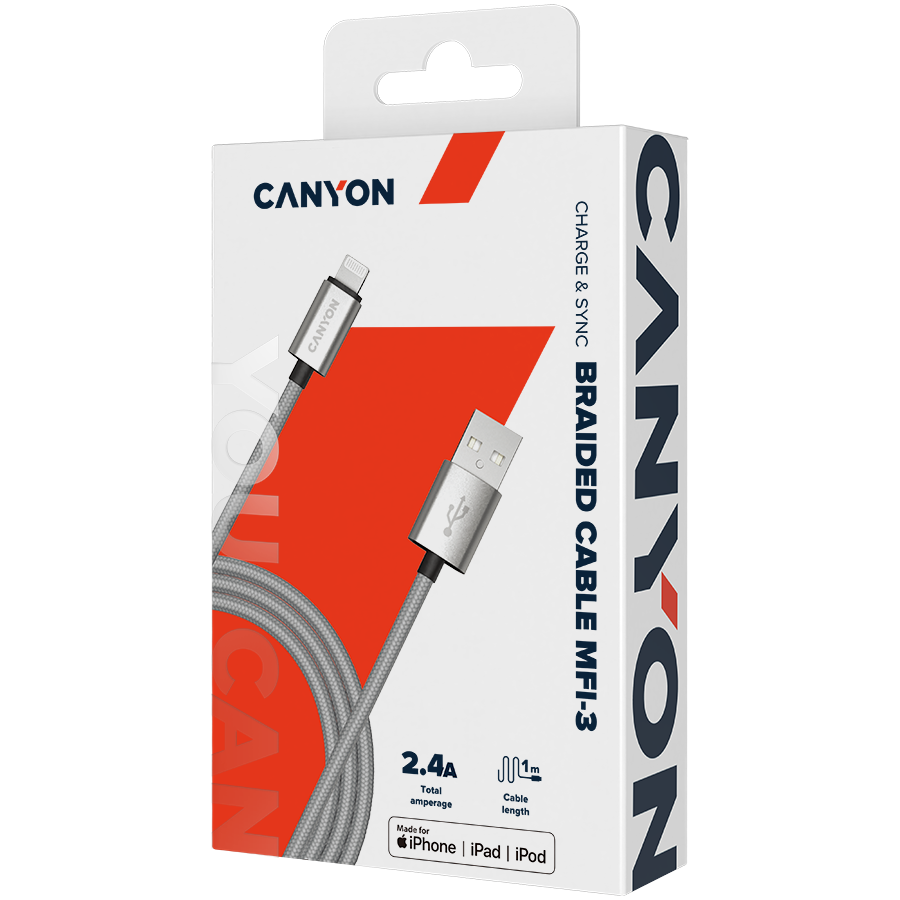 CANYON MFI-3, Charge & Sync MFI braided cable with metalic shell, USB to li 3 220615125420164882.jpg. CANYON MFI-3, Charge & Sync MFI braided cable with metalic shell, USB to li