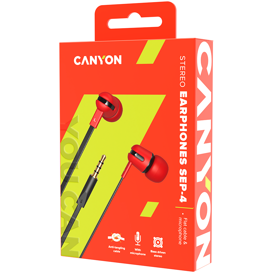 CANYON SEP-4, Stereo earphone with microphone, 1.2m flat cable, Red, 22*12* 3 220121141853870654.jpg. CANYON SEP-4, Stereo earphone with microphone, 1.2m flat cable, Red, 22*12*