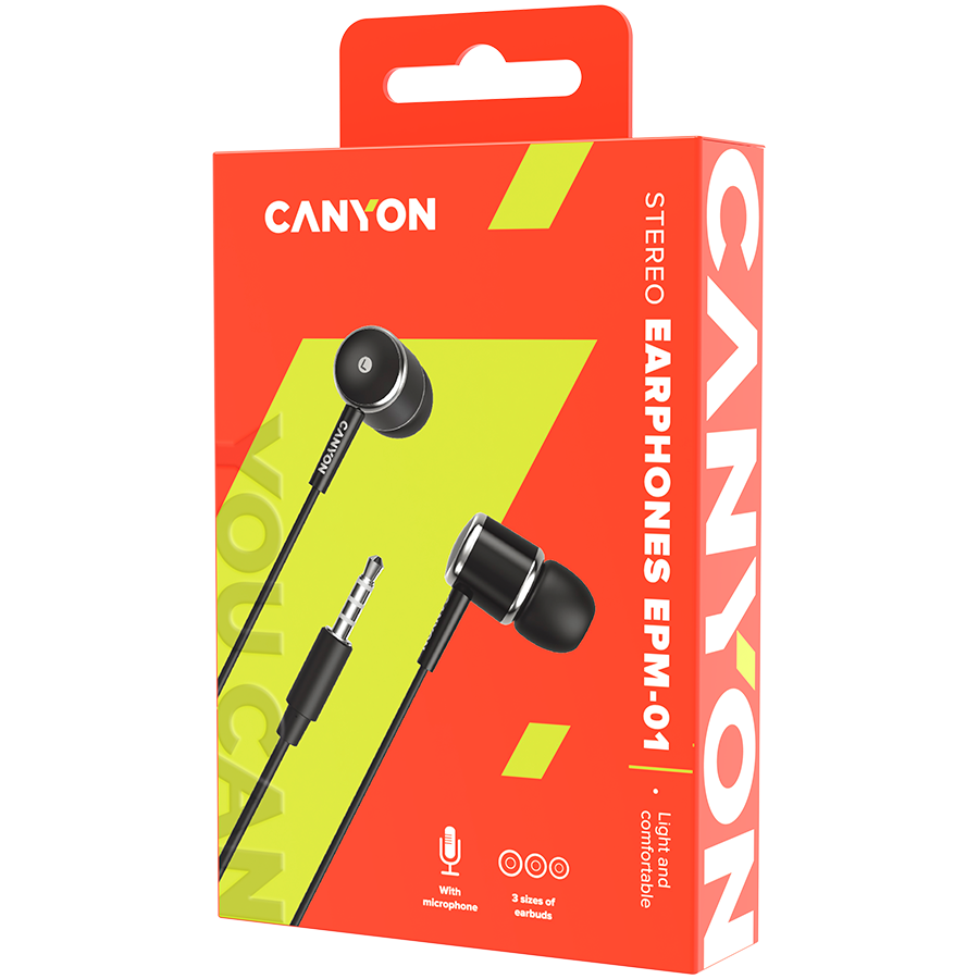 CANYON EPM-01, Stereo earphones with microphone, Black, cable length 1.2m, 3 220121141209606816.jpg. CANYON EPM-01, Stereo earphones with microphone, Black, cable length 1.2m,