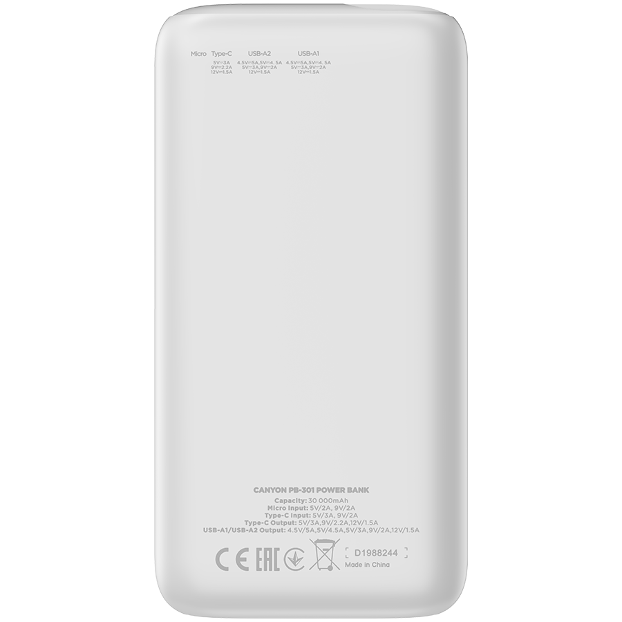 CANYON PB - 301, Power bank 30000mAh Li-poly battery, Input Micro: DC5V/2A, 4 230224135825378403.jpg. CANYON PB - 301, Power bank 30000mAh Li-poly battery, Input Micro: DC5V/2A,