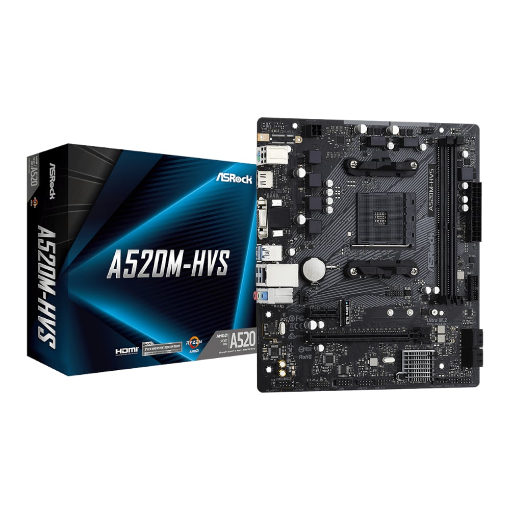 ASRock A520M-HVS AMD AM4 m-ATX Motherboard 1 A520M-HVS_wr_01.jpg. ASRock A520M-HVS AMD AM4 m-ATX Motherboard