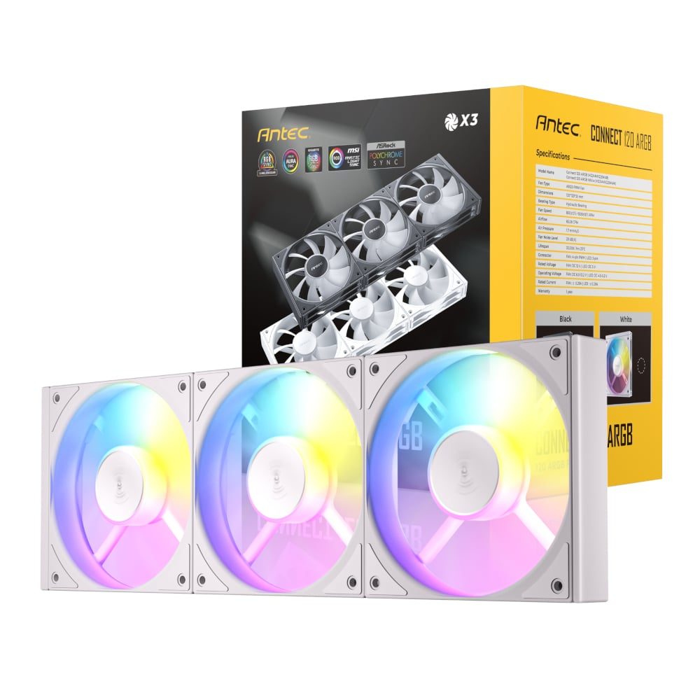 Antec Connect 120 ARGB PWM Fan 3 Pack - White 1 C120-ARGB-3PK-WH_wr_01.jpg. Antec Connect 120 ARGB PWM Fan 3 Pack - White