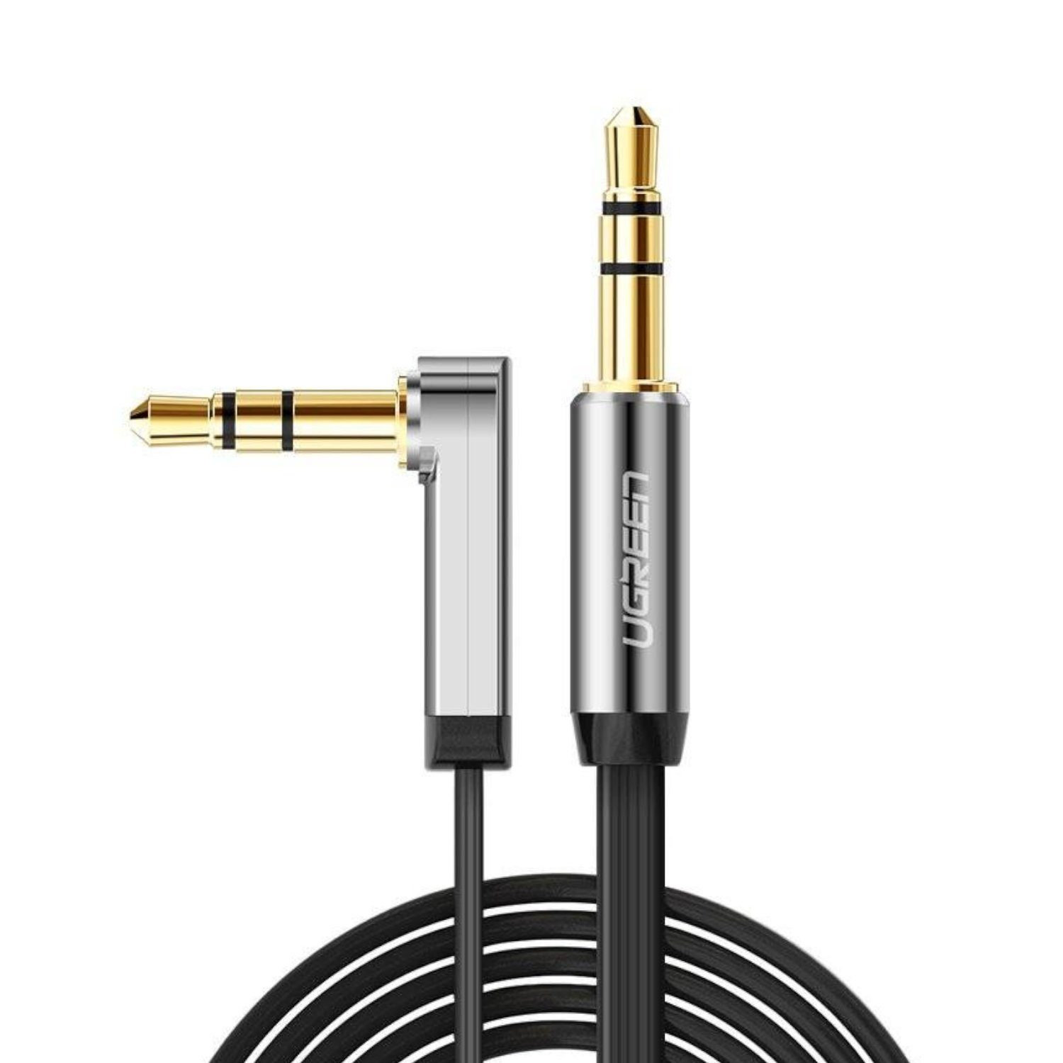 UGreen AV119 Right-angled 3.5mm Flat Aux Cable 2m - Black/Silver 1 AV119-10599_UGREEN-AV119-Right-angled-3.5mm-Flat-A. UGreen AV119 Right-angled 3.5mm Flat Aux Cable 2m - Black/Silver