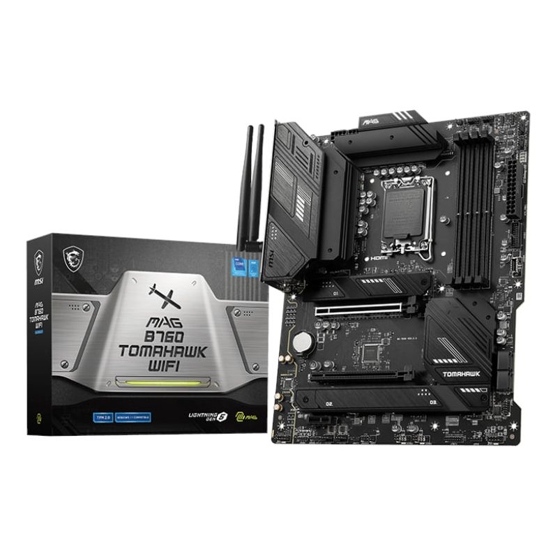 MSi MAG B760 Tomahawk WiFi Motherboard | LGA 1700 | DDR5 | PCIe 5.0 | 3x M.2 | WiFi 6E | ATX 2 MAGB760TOMAHAWKWIFI_01_wr_01a.jpg. MSi MAG B760 Tomahawk WiFi Motherboard | LGA 1700 | DDR5 | PCIe 5.0 | 3x M.2 | WiFi 6E | ATX
