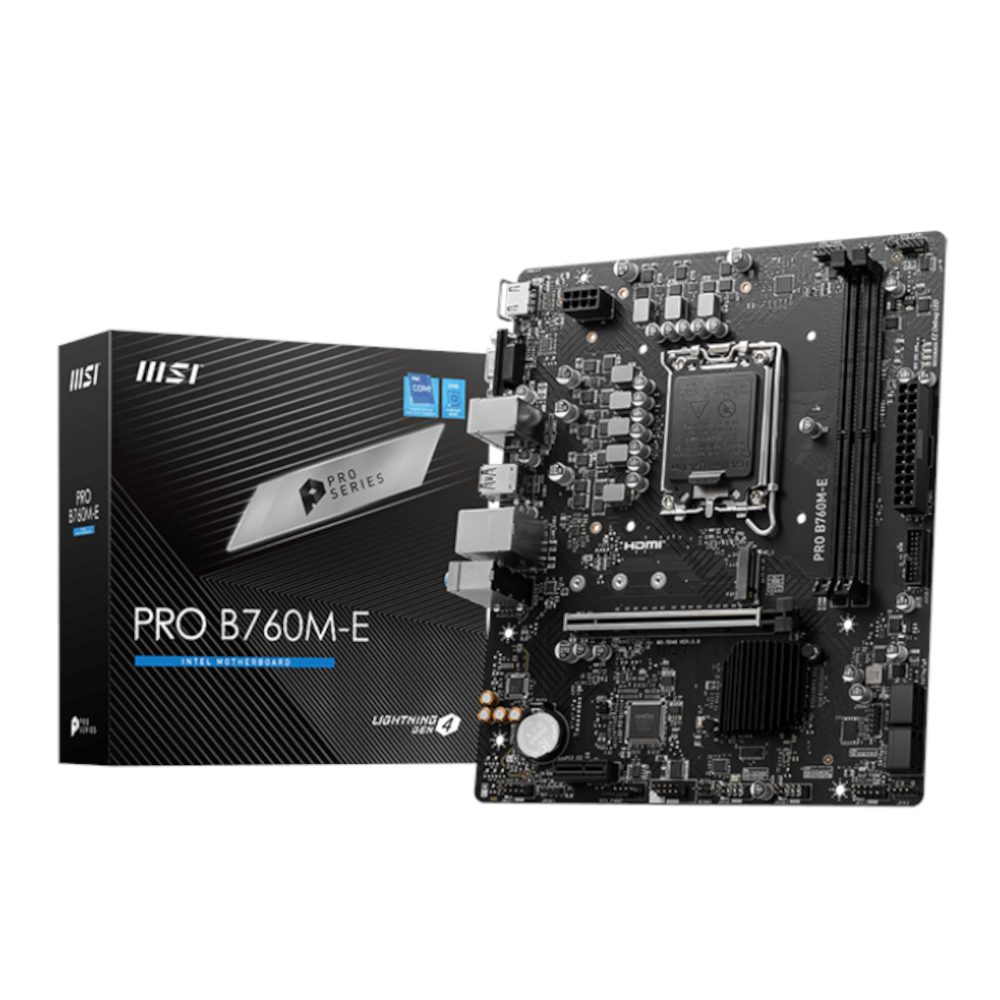 MSi Pro B760M-E DDR5 Motherboard | LGA 1700 | DDR5 | PCIe 4.0 | M.2 | HDMI/VGA | mATX 2 PROB760M-EDDR5_wr_01a.jpg. MSi Pro B760M-E DDR5 Motherboard | LGA 1700 | DDR5 | PCIe 4.0 | M.2 | HDMI/VGA | mATX