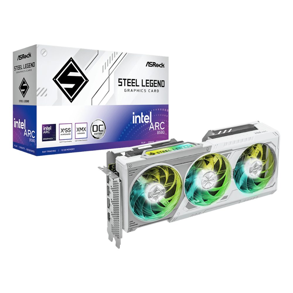 ASRock Intel Arc B580 Steel Legend 12GB OC GDDR6 Graphics Card 2 90-GA5CZZ-00UANF_wr_01a.jpg. ASRock Intel Arc B580 Steel Legend 12GB OC GDDR6 Graphics Card