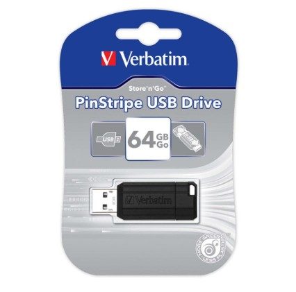 49065 #5. Verbatim PinStripe 64GB USB 2.0 Flash Drive - Black
