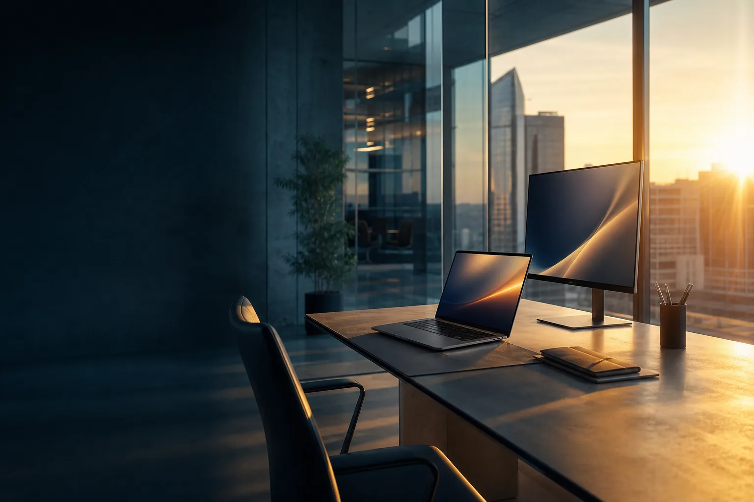 Executive office with premium business laptop at golden hour