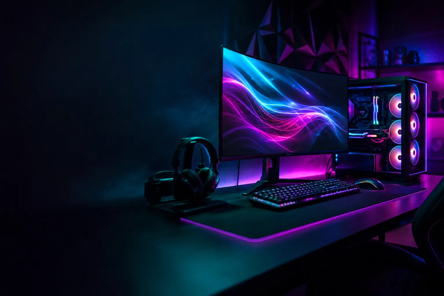 RGB gaming battlestation with teal and magenta lighting