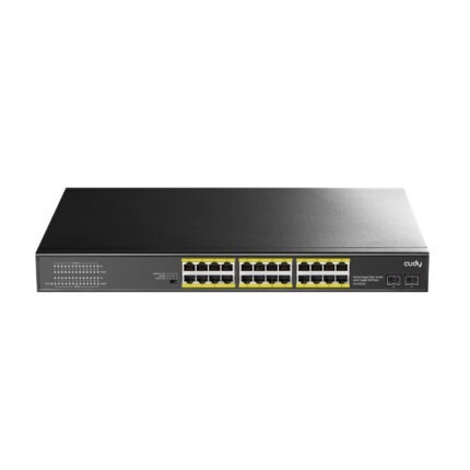 GS1028PS2_wr_01.jpg. Cudy 24-Port BASE-T Gigabit|2-Port Gbe BASE-X SFP|PoE+ 200W Differential Mode 2KV, ESD 15KV, 300W Internal, Ver 2.0