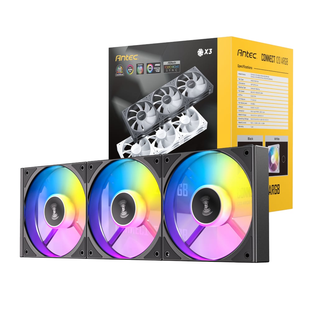 Antec Connect 120 ARGB PWM Fan 3 Pack - Black 1 C120-ARGB-3PK-BK_wr_01.jpg. Antec Connect 120 ARGB PWM Fan 3 Pack - Black