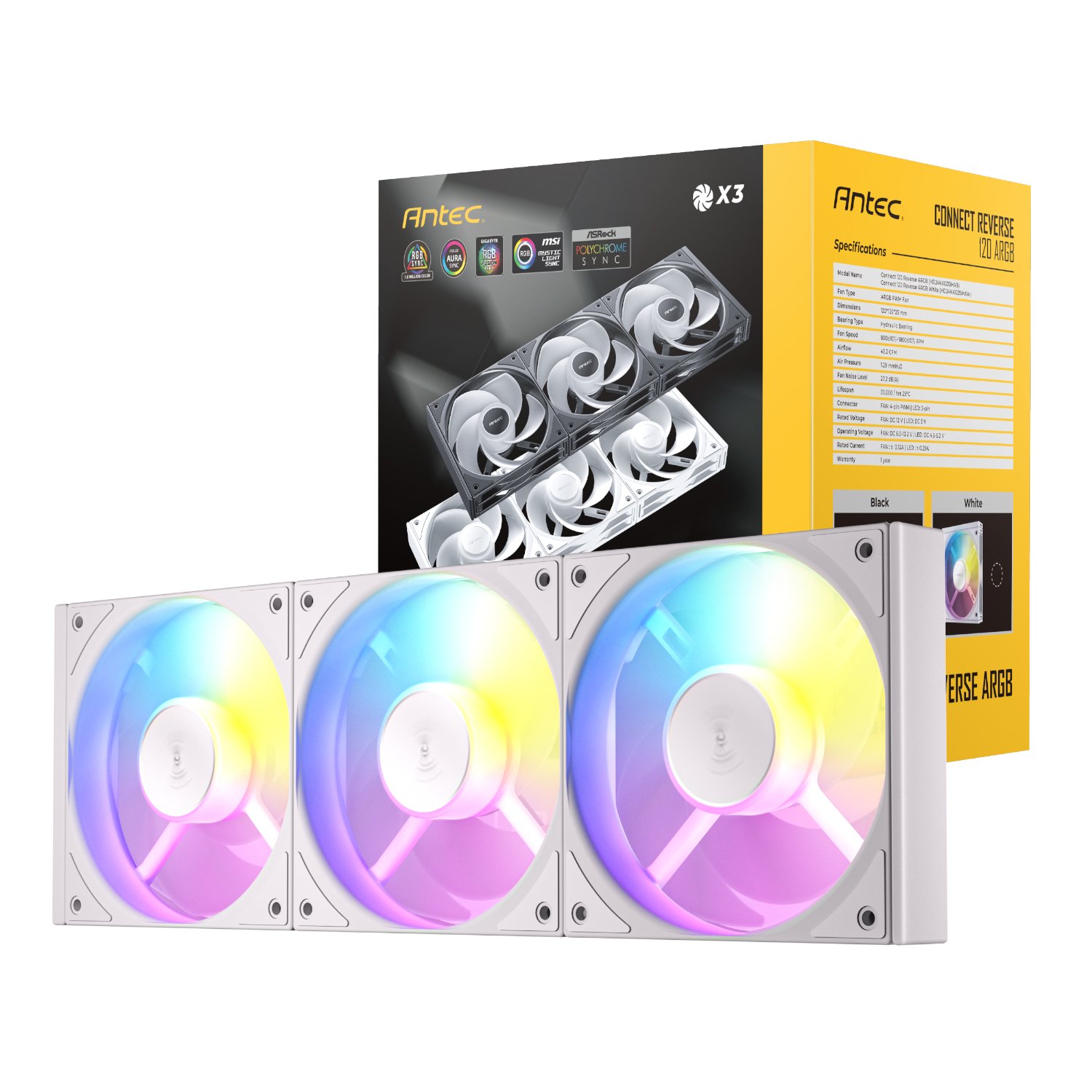 Antec Connect 120 Reverse ARGB PWM Fan 3 Pack – White 1 Antec_C120R-ARGB-3PK-WH_wr_01a.jpg. Antec Connect 120 Reverse ARGB PWM Fan 3 Pack – White