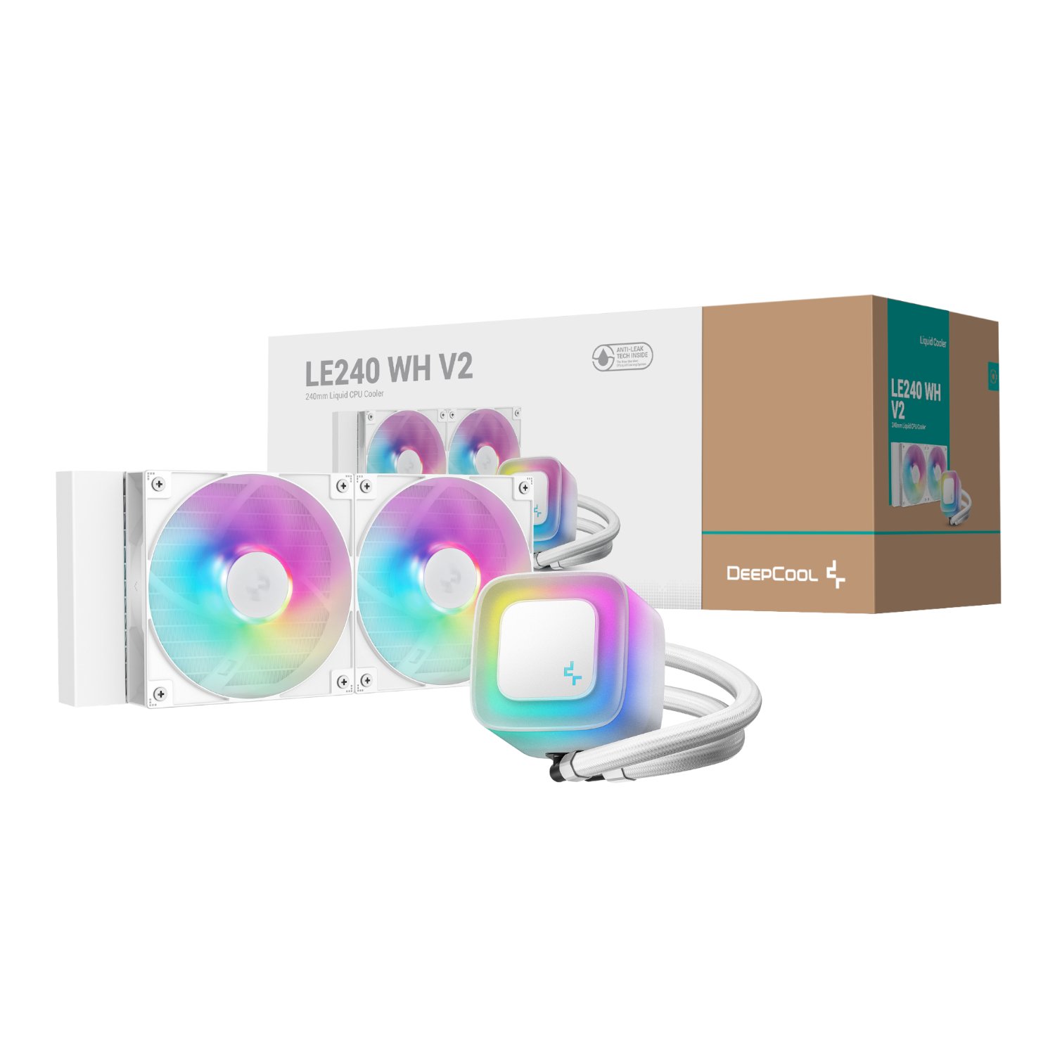 DeepCool LE240 V2 240mm ARGB AIO CPU Liquid Cooler - White 1 R-LE240-WHAMMN-G-2_DeepCool-LE240-V2-240mm-ARGB-AI. DeepCool LE240 V2 240mm ARGB AIO CPU Liquid Cooler - White