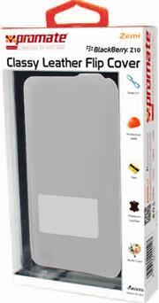 zemi White.jpg. Promate Zemi BlackBerry Z10 Classy Leather Flip Cover Colour:White The Zemi is a simple but yet classy and smart leather flip cover for BlackBerry Z10. The vertical flip provides sophisticated look which at the same time protects your phone and lets you a