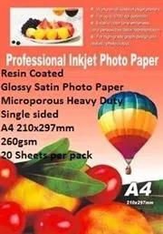 ERCGSS-260gsm-20-001.jpg. E-Box Resin Coated Glossy Satin Photo Paper- Microporous Heavy Duty Single sided A4 210x297mm-260gsm-20 Sheets per pack