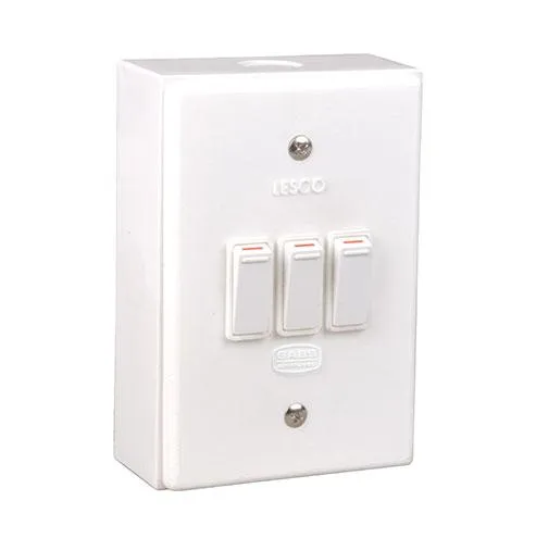 Lesco LSS Range 3 Lever 3x1 Way Switch Shrink Wrapped Surface Box - Fully assembled complete with extension box and retaining screws 3 Big_LS6342-001.jpg. Lesco LSS Range 3 Lever 3x1 Way Switch Shrink Wrapped Surface Box - Fully assembled complete with extension box and retaining screws
