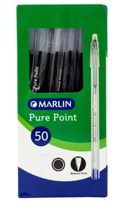 Big_6009608641886-001a.jpg. Marlin Pure Point Transparent Barrel Pen Black Ink Box of 50- Smooth Writing