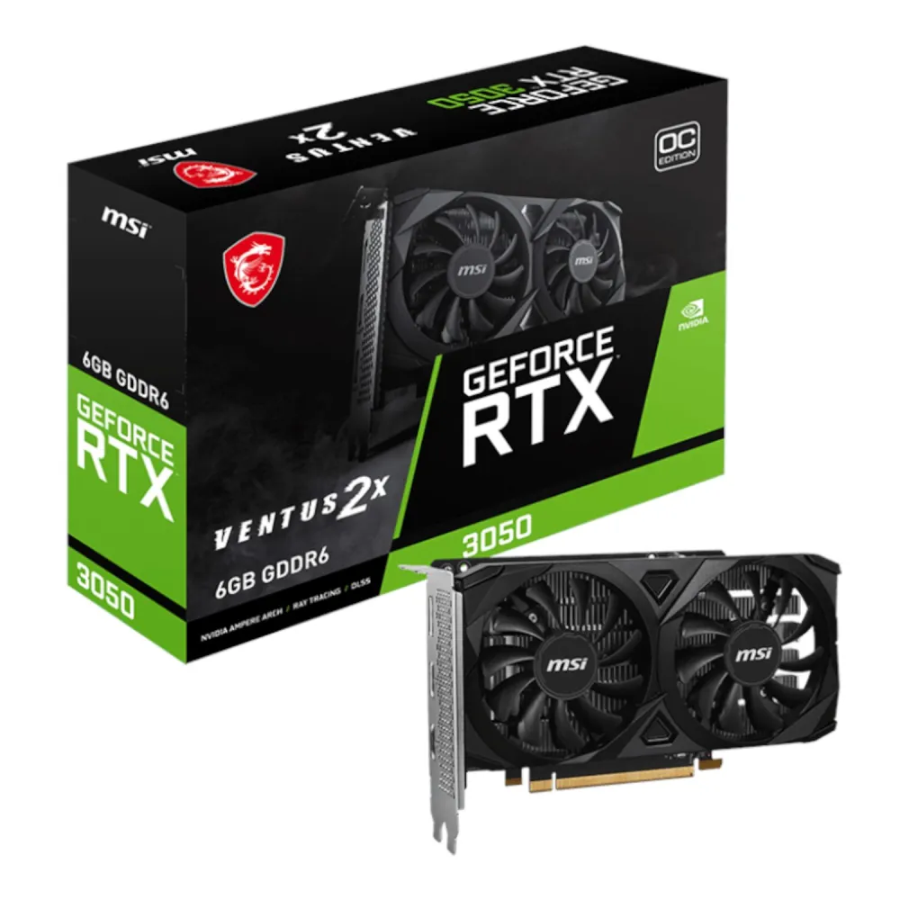 MSI GeForce RTX 3050 VENTUS 2X E 6GB OC Graphics Card 1 RTX3050VENTUS2XE6GOC-WR-01.jpg. MSI GeForce RTX 3050 VENTUS 2X E 6GB OC Graphics Card