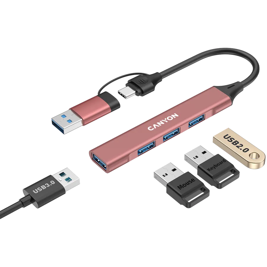 CANYON hub DS-02 4in1 USB-A/C Pink 5 250203130010497634.jpg. CANYON hub DS-02 4in1 USB-A/C Pink