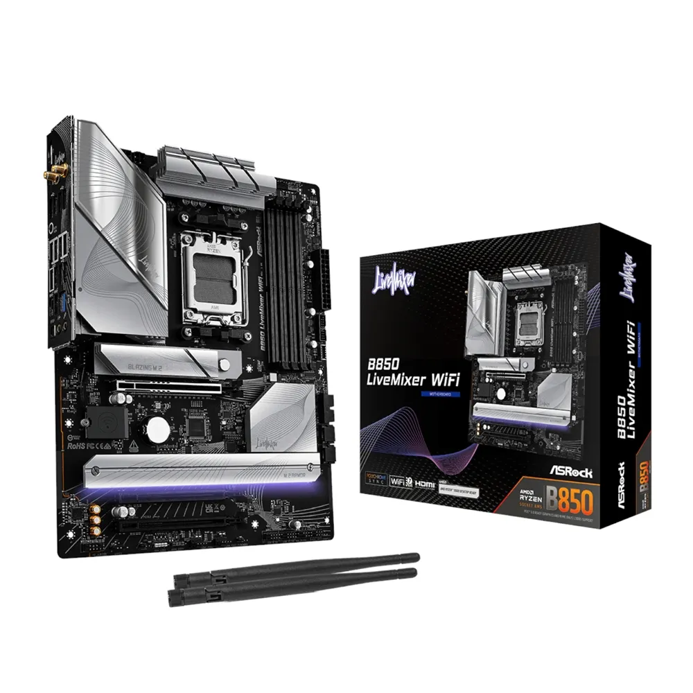 ASRock B850 LiveMixer WiFi AM5 ATX Gaming Motherboard 1 B850LIVEMIXERWIFI_ASRock-B850-LiveMixer-WiFi-AM5-A. ASRock B850 LiveMixer WiFi AM5 ATX Gaming Motherboard